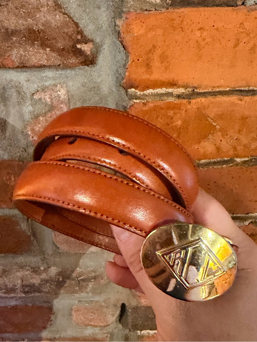 Ralph Lauren Vintage 90s Tan Leather Belt with Brushed Brass Buckle